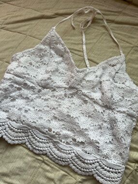 Hollister White Crochet Floral Lace Halter Crop Top
